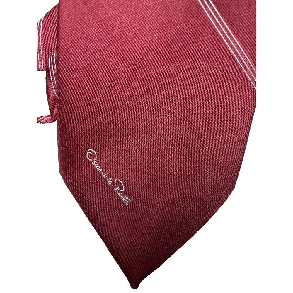 Oscar De La Renta Mens Classic Necktie Tie Burgundy White Stripes